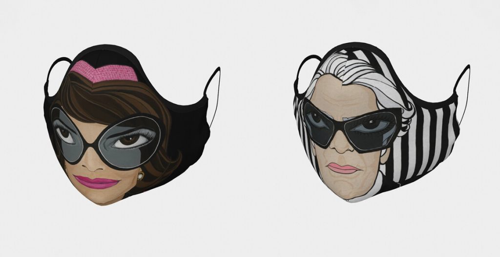 Máscaras desenhadas por Michelle Vella de Jacqueline Onassis e Karl Lagarfeld